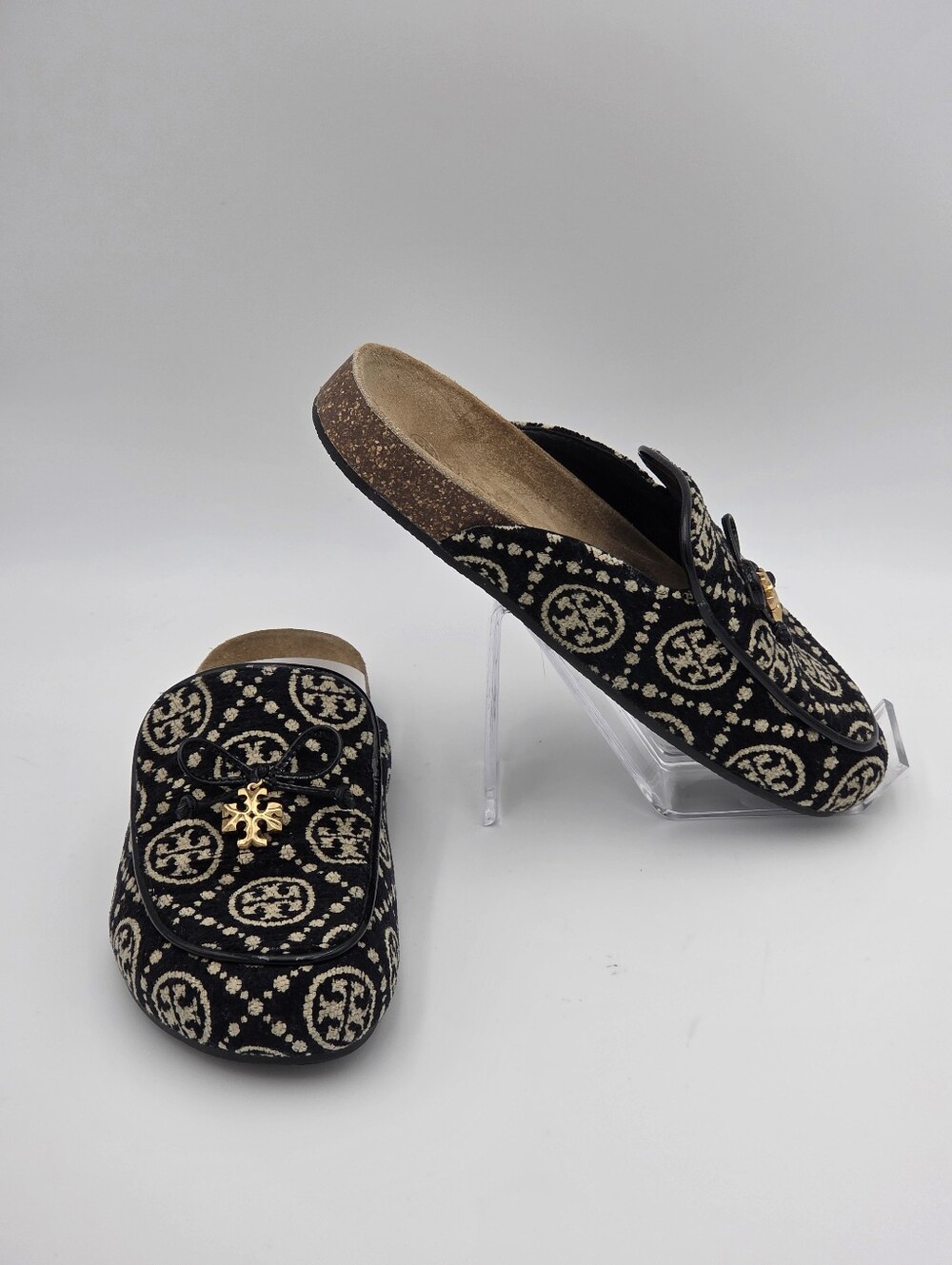 Tory Burch T Monogram Jacquard Charm Mules in black. - Picture 2 of 5